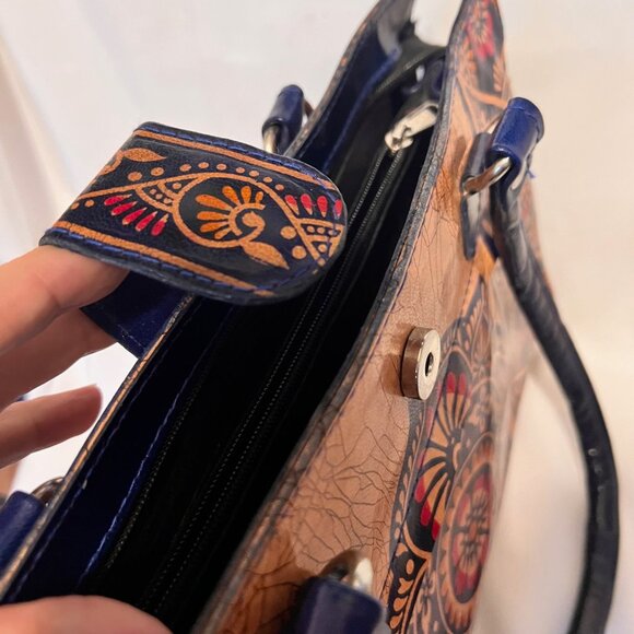 Shantiniketan Leather Indian Shoulder/Tote-Exclusive Batik Design Ethnic-Tan/Blu - Picture 10 of 16